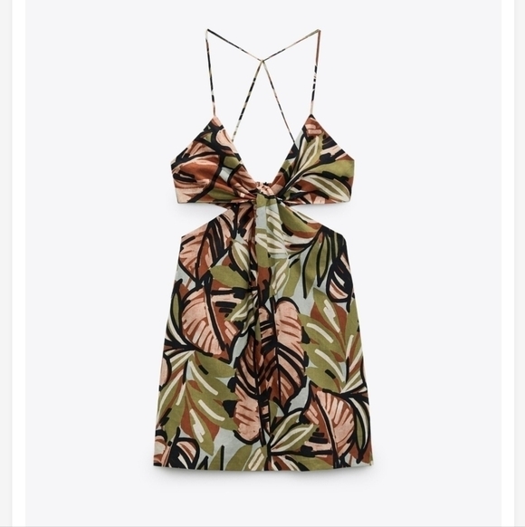 Zara Side Cutouts Spaghetti Straps Tropical Print Linen Mini Dress NWT S… - Picture 9 of 15